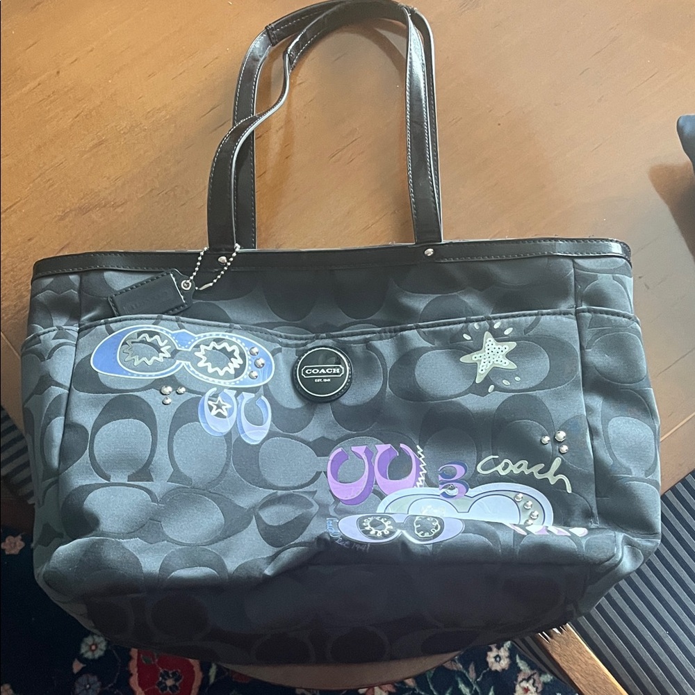 Vintage Coach Black Tote with Purple and Blue Design